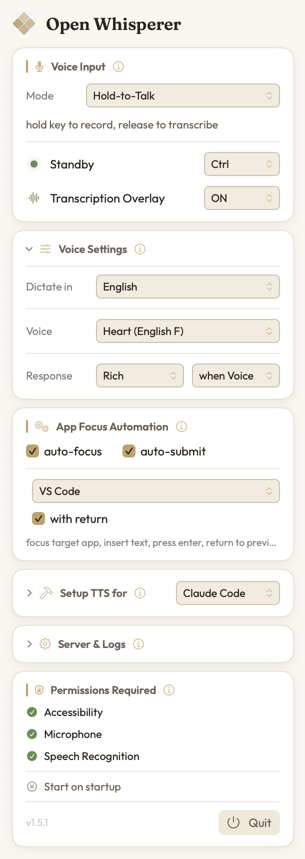 Open Whisperer menubar app — Voice Input, Voice Settings, App Focus Automation and TTS setup