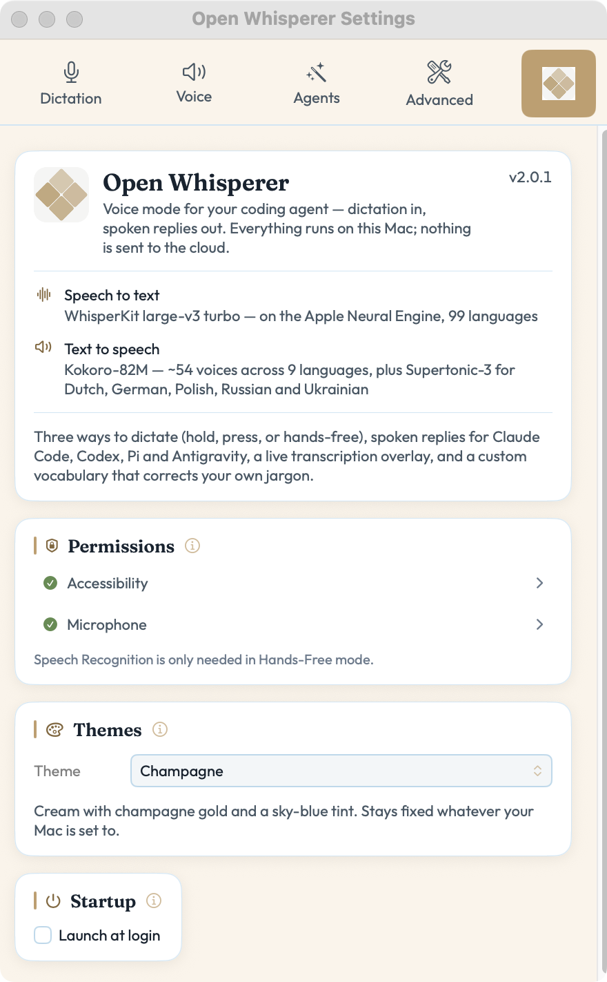 Open Whisperer Settings on the General tab — version 2.0.1, WhisperKit large-v3 turbo on the Apple Neural Engine across 100 languages, Kokoro-82M text-to-speech with Supertonic-3, accessibility and microphone permissions, and the Champagne theme.