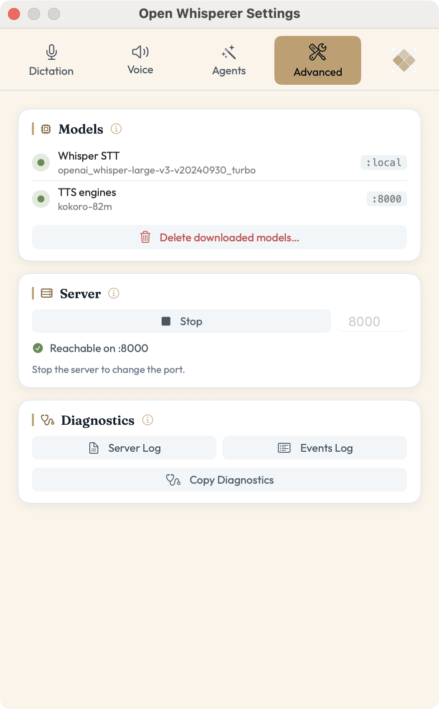 Open Whisperer Settings on the Advanced tab — Whisper speech-to-text running locally, Kokoro text-to-speech on port 8000, server controls and diagnostics logs.