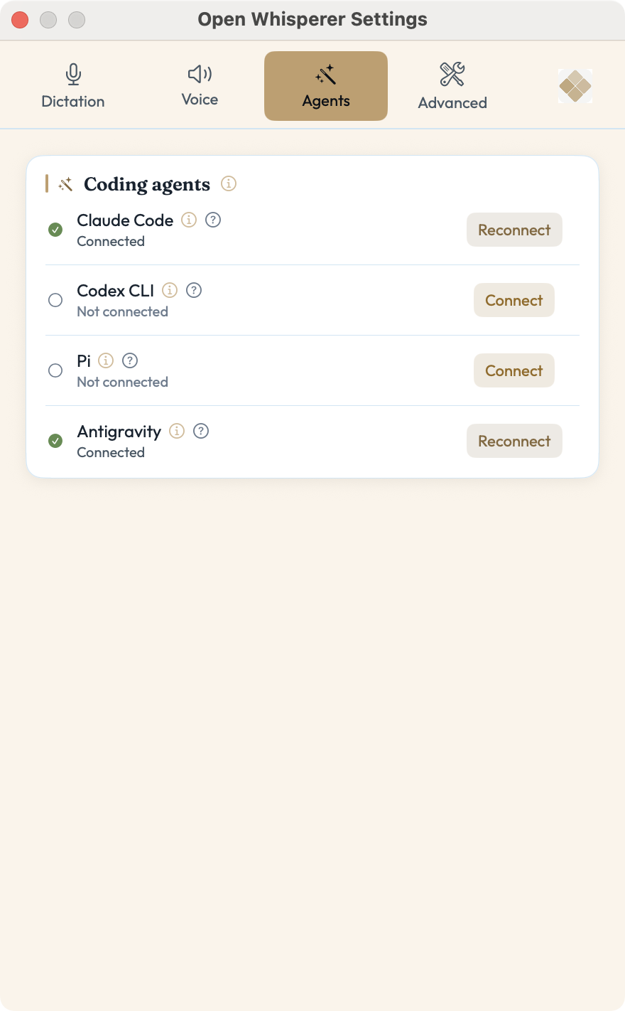 Open Whisperer Settings on the Agents tab — coding agents Claude Code, Codex CLI, Pi and Antigravity, each with a connection status and a connect button.