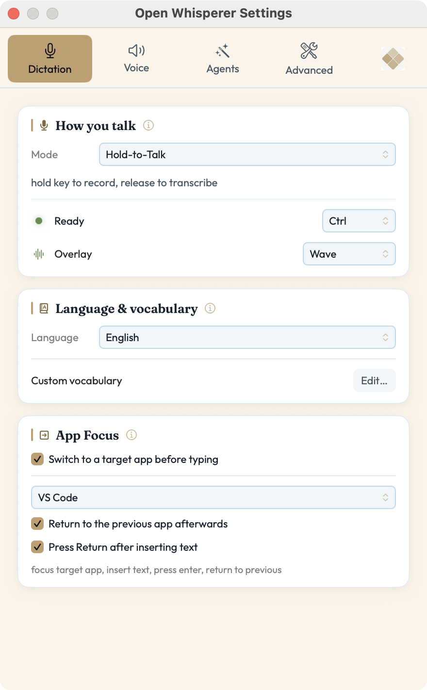 Open Whisperer Settings on the Dictation tab — Hold-to-Talk mode bound to Ctrl, Wave overlay, English language with custom vocabulary, and App Focus set to switch to VS Code before typing.