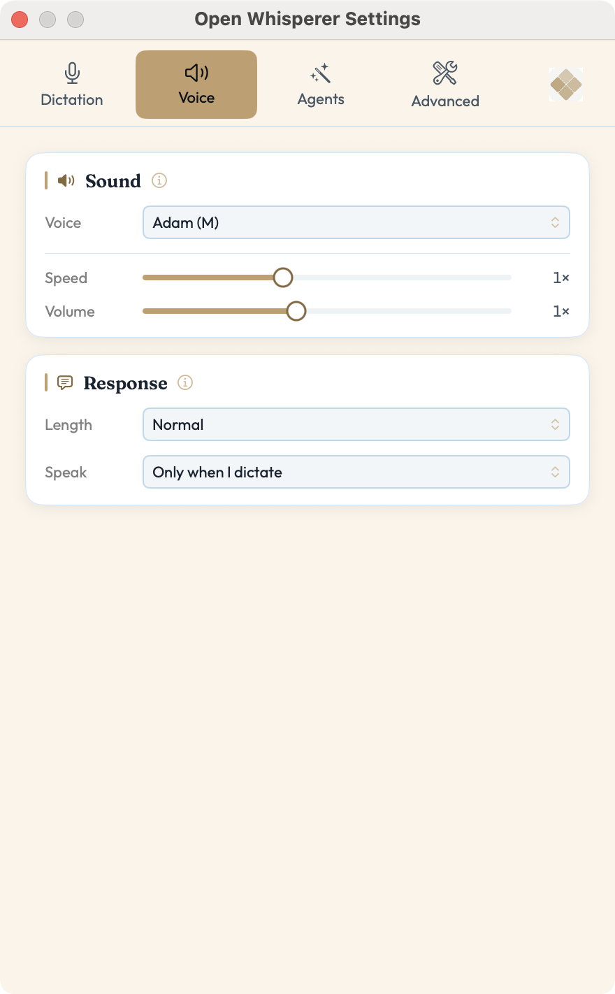 Open Whisperer Settings on the Voice tab — Sound settings with the Adam (M) voice selected and speed and volume sliders at 1×, and Response settings for reply length and speaking only when you dictate.